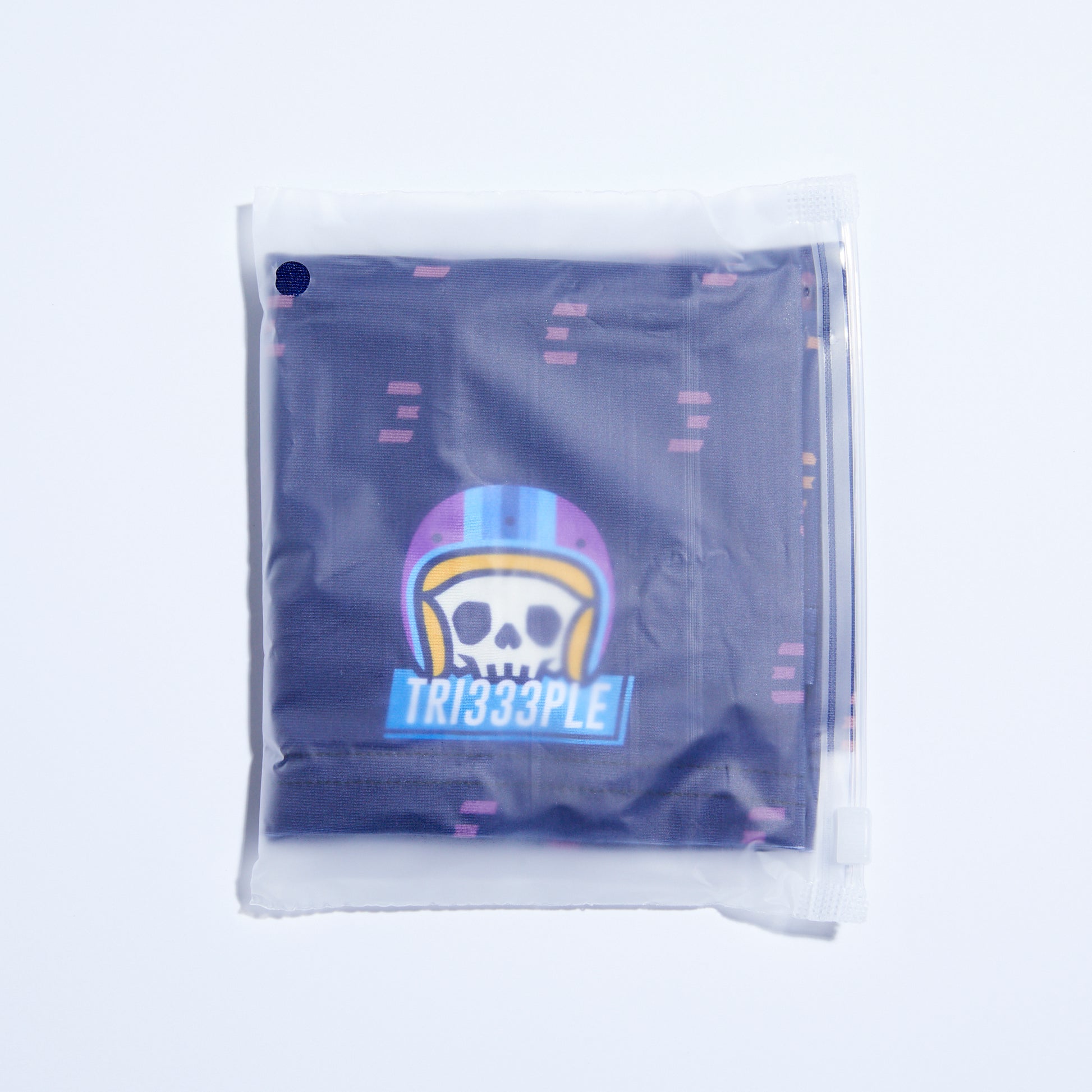 tri333ple lycra headbuff for motorcycle skully in packaging