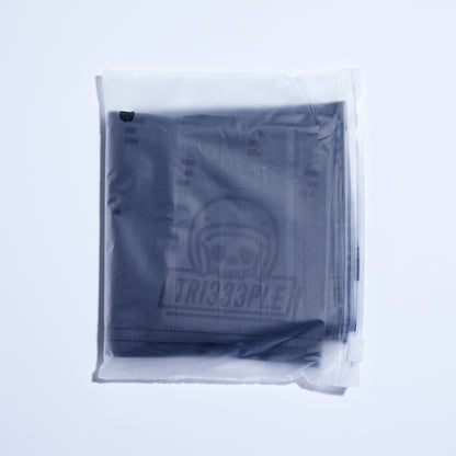 tri333ple lycra headbuff for motorcycle skully blacked out in packaging
