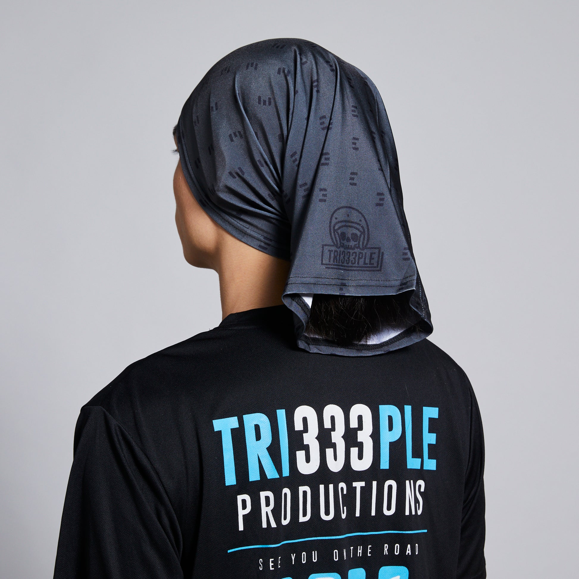 tri333ple lycra headbuff for motorcycle skully blacked out rear shot