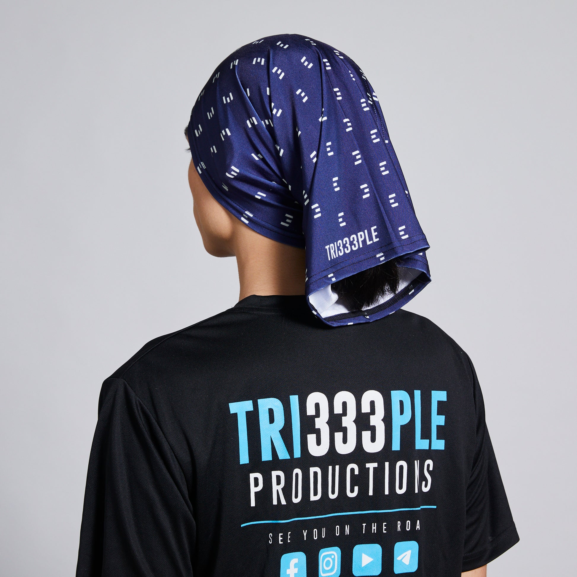 tri333ple lycra headbuff for motorcycle midnight blu rear shot