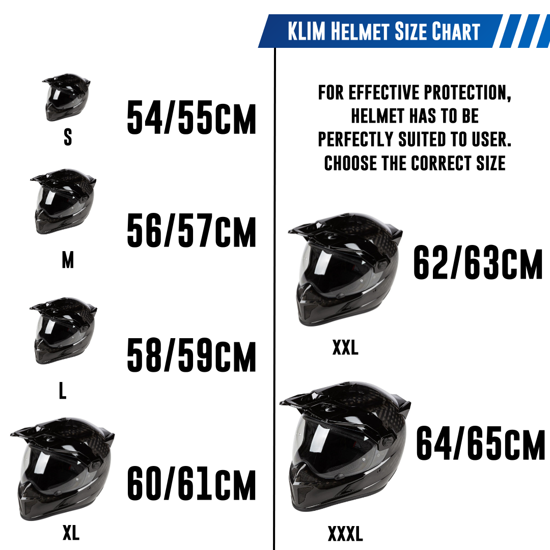 Klim Krios Karbon Adventure Gloss Karbon Black Helmet motorcycle size chart