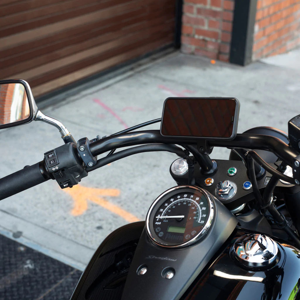 Peak Design Motorcycle Bar Mount Phone Holder on a handlebar
