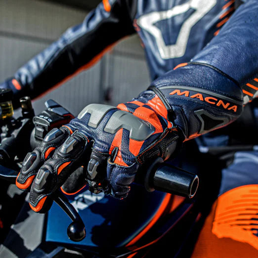 Macna Powertrack Black/ Orange/ Dark Blue Glove for motorcycle track gear on motorcycle
