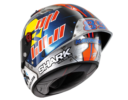 Shark Race-R Pro GP Carbon Martinator Signature Blue Chrom Orange Motorcycle Rear view