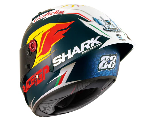 Shark Race-R Pro GP Carbon Oliveira Signature Blue Silver White motorcycle rear view