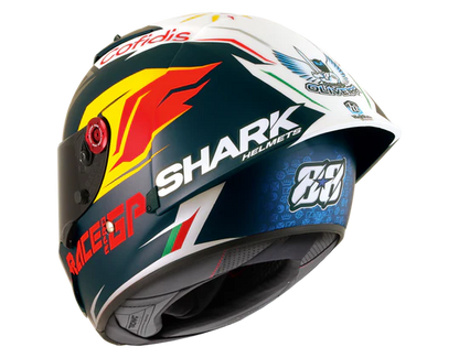 Shark Race-R Pro GP Carbon Oliveira Signature Blue Silver White motorcycle rear view