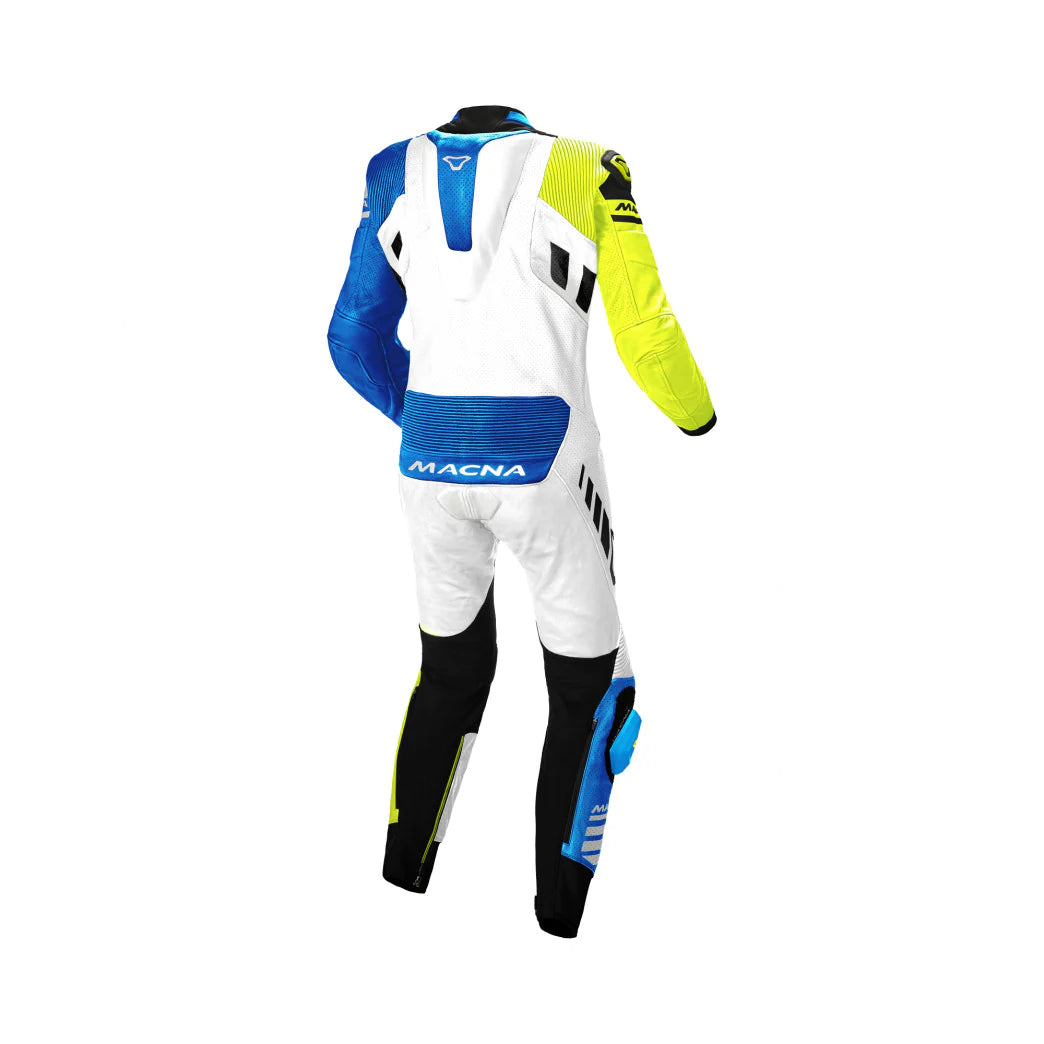Macna Tracktix White/Fluo Yellow/Blue One Piece Motorcycle Track Suit rear view